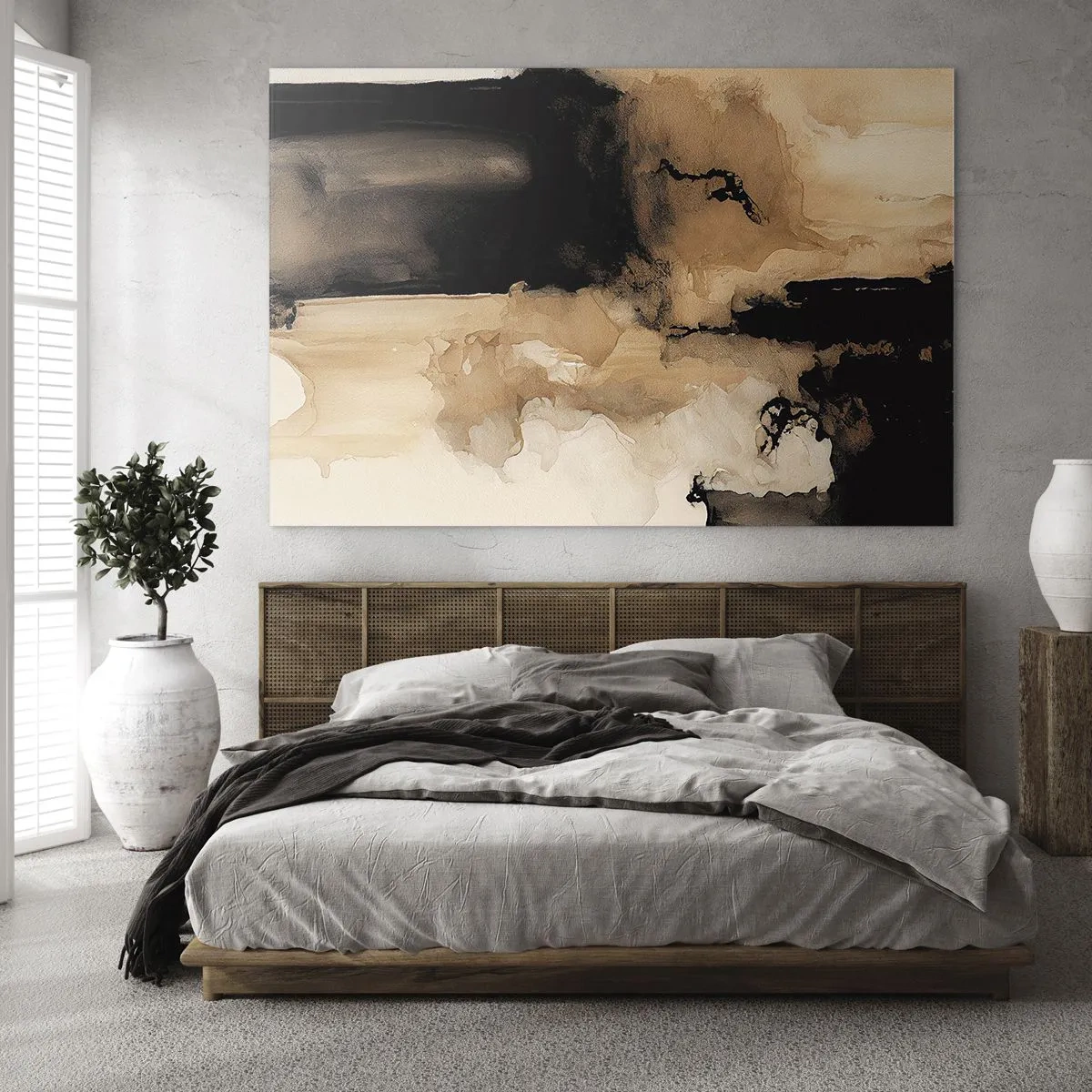 Tablou pe sticlă - O formă abstractă în negru și maro pe un fundal deschis - 70x50cm - O abstractizare intrigantă - Decorațiune modernă pentru perete pentru living și dormitor ARTTOR