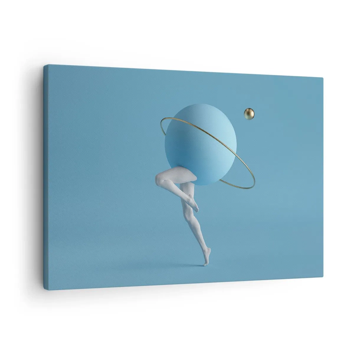 Tablou pe pânză Canvas - O sferă albastră cu o orbită și picioare umane pe cer - 70x50cm - Și planetele o iau razna - Decorațiune modernă pentru perete pentru living și dormitor ARTTOR