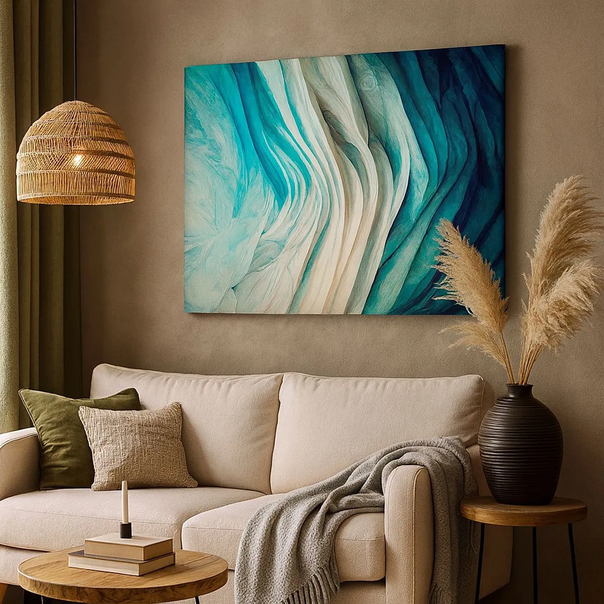 Tablou pe pânză Canvas - Valuri dinamice în nuanțe de albastru și alb - 70x50cm - Insațiabilitate albastră - Decorațiune modernă pentru perete pentru living și dormitor ARTTOR