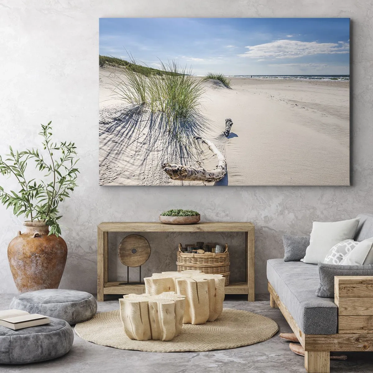 Tablou pe pânză Canvas - O plajă baltică cu nisip, iarbă și un cer albastru calm - 70x50cm - Cea mai frumoasă? Baltică - Decorațiune modernă pentru perete pentru living și dormitor ARTTOR