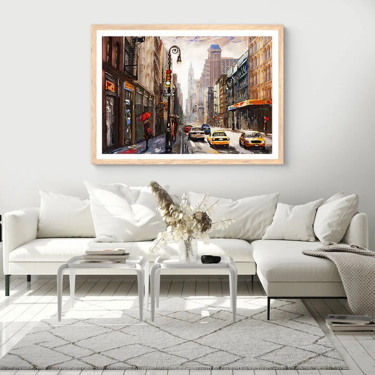 Poster în ramă de stejar deschis - New York - plin de culoare și în ploaie - 50x40 cm