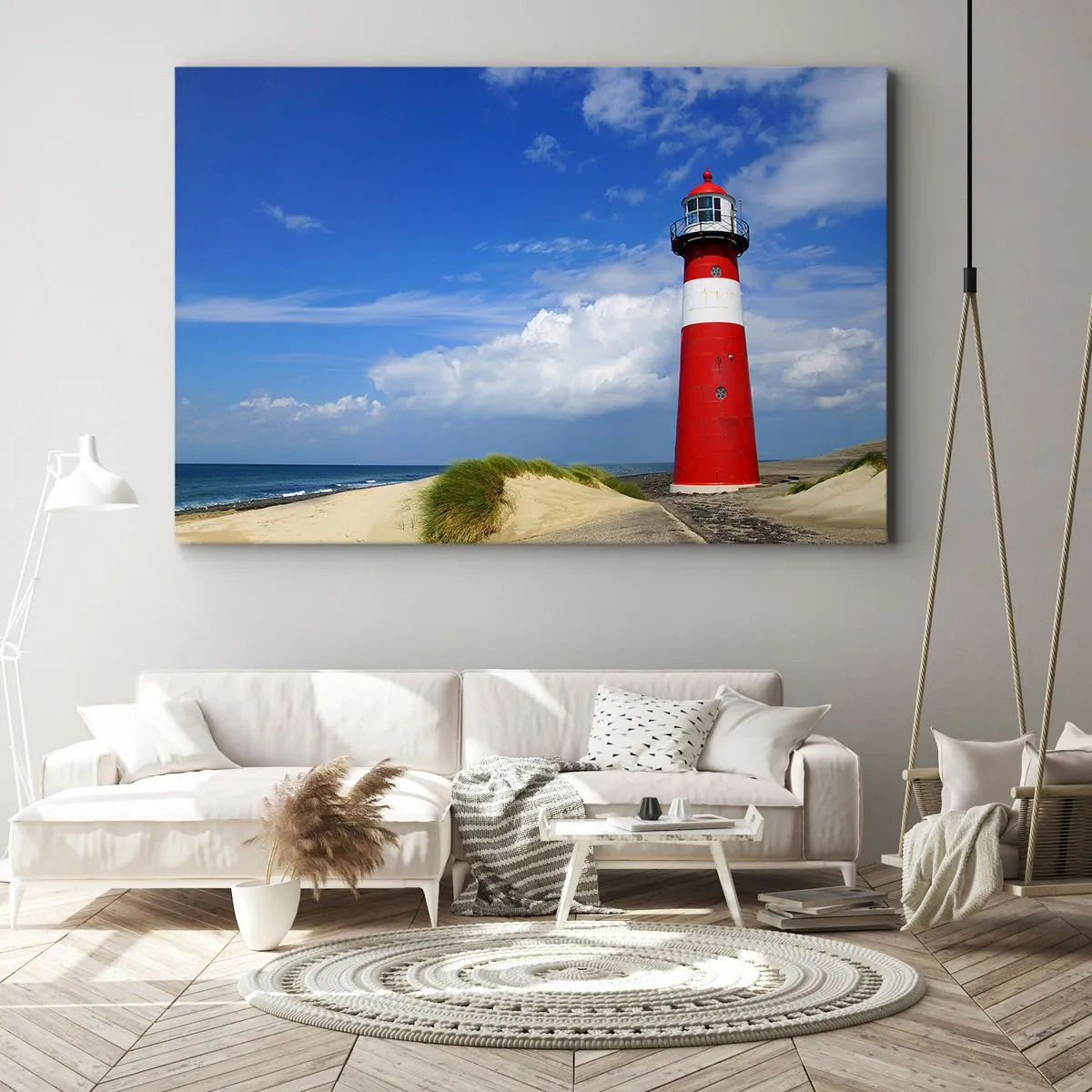 Tablou pe pânză Canvas - Far roșu pe plajă sub un cer albastru - 70x50cm - Loc de refugiu de vis - Decorațiune modernă pentru perete pentru living și dormitor ARTTOR