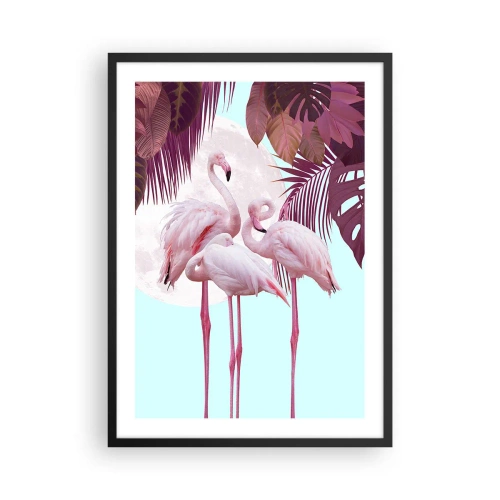 Poster în ramă neagră - Flamingo pe un fundal de frunziș tropical și lună plină - 50x70cm - Harul a trei păsări - Decorațiune modernă pentru perete pentru living și dormitor ARTTOR