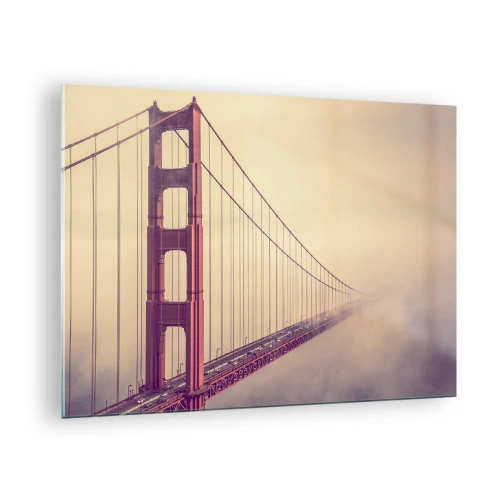 Tablou pe sticlă - Podul Golden Gate din San Francisco într-un peisaj cețos - 70x50cm - Între cer și pământ - Decorațiune modernă pentru perete pentru living și dormitor ARTTOR
