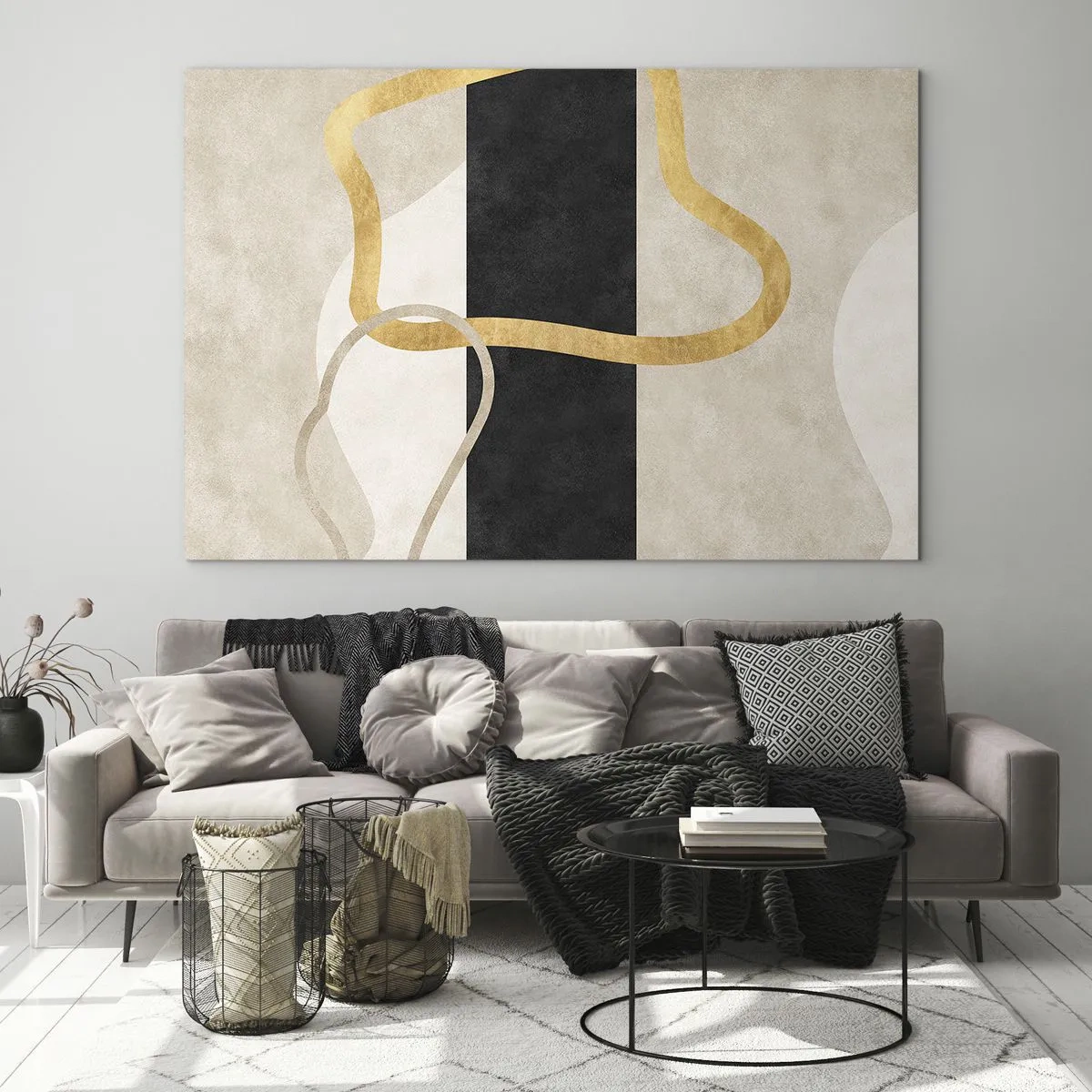 Tablou pe sticlă - Linii aurii și bej care formează forme în buclă pe un fundal cu dungi negre. - 70x50cm - Forme înbuclite - Decorațiune modernă pentru perete pentru living și dormitor ARTTOR
