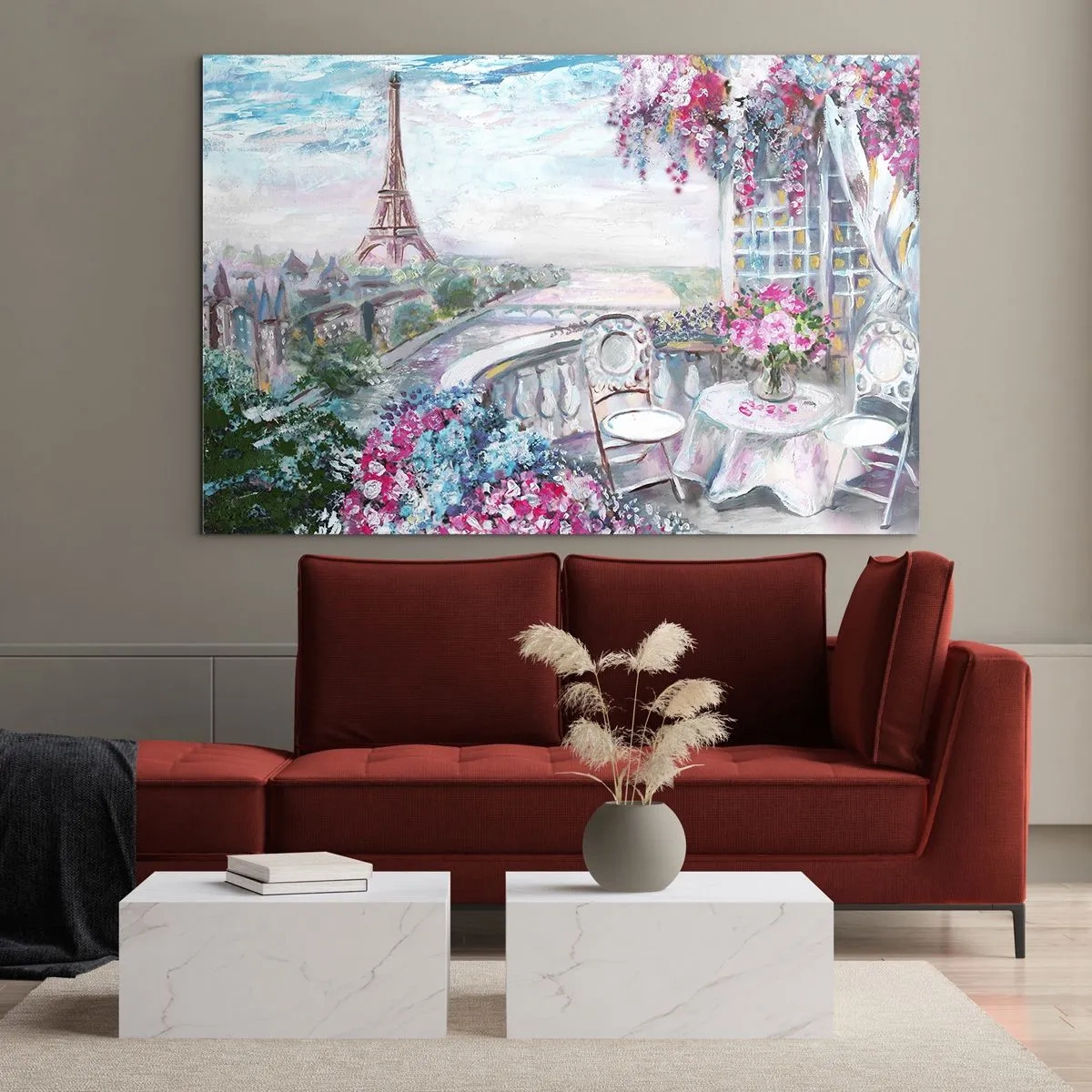 Tablou pe sticlă - Ilustrație a unei priveliști a Turnului Eiffel cu un balcon plin de flori - 70x50cm - Este cel mai frumos aici în luna mai - Decorațiune modernă pentru perete pentru living și dormitor ARTTOR