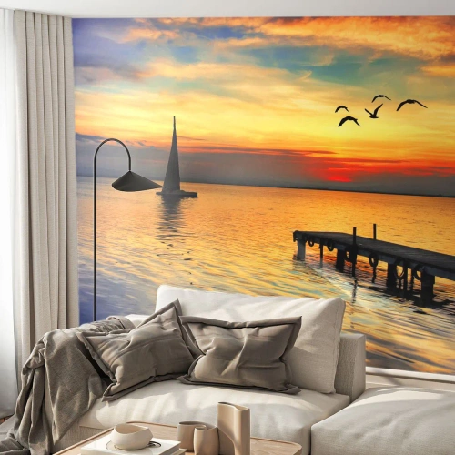 Tapet Premium Canvas - Retururi de seară - Peisaj, Barcă cu pânze, Apus de soare - 100x70 cm