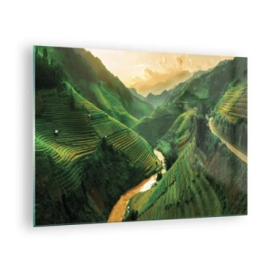 Tablou pe sticlă - Terase de orez pitorești în vale la apus - 70x50cm - Valea vietnameză - Decorațiune modernă pentru perete pentru living și dormitor ARTTOR