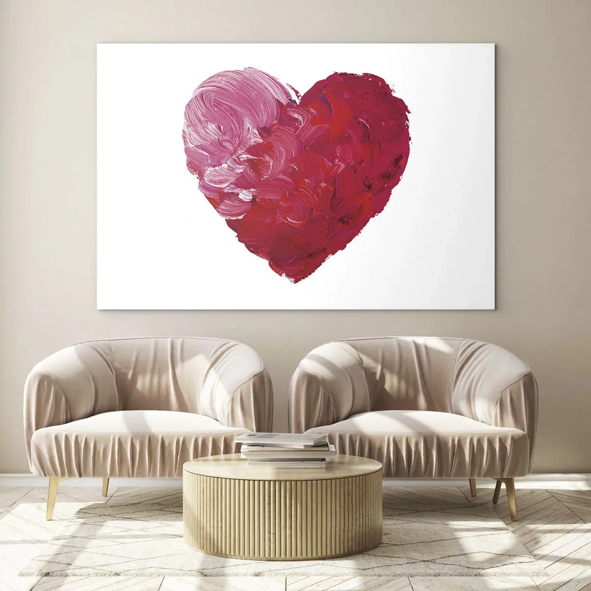 Tablou pe sticlă - Inimă abstractă pictată cu linii roșii - 70x50cm - All you need is love - Decorațiune modernă pentru perete pentru living și dormitor ARTTOR