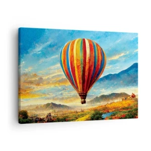 Tablou pe pânză Canvas - Un balon colorat deasupra unui peisaj pitoresc - 70x50cm - În liniște puteți vedea mai multe - Decorațiune modernă pentru perete pentru living și dormitor ARTTOR