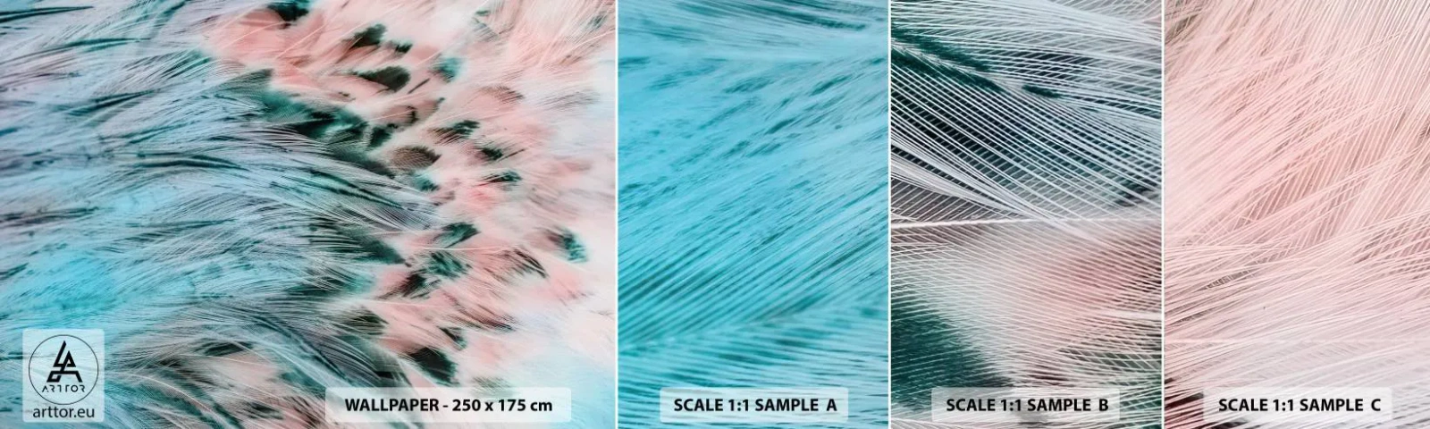 Mostră tapet autocolant Deluxe Sticker - Puful roz și safir - Abstracția, Bucată, Pene de păsări - 100x30 cm