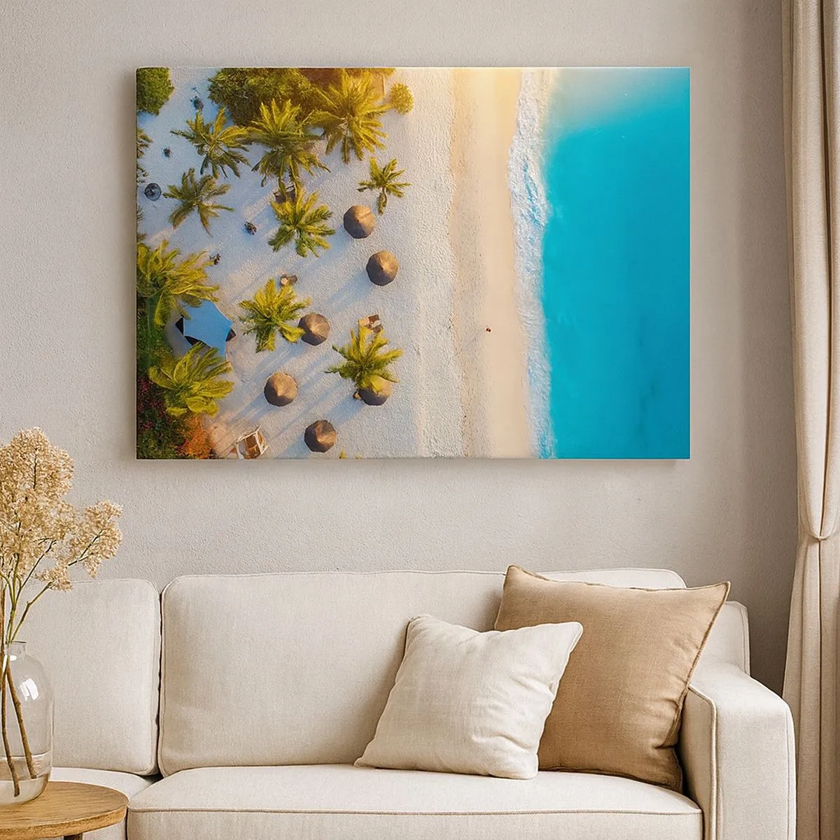 Tablou pe pânză Canvas - Vedere a unei plaje tropicale cu palmieri și o mare turcoaz - 70x50cm - Bun venit în paradis - Decorațiune modernă pentru perete pentru living și dormitor ARTTOR