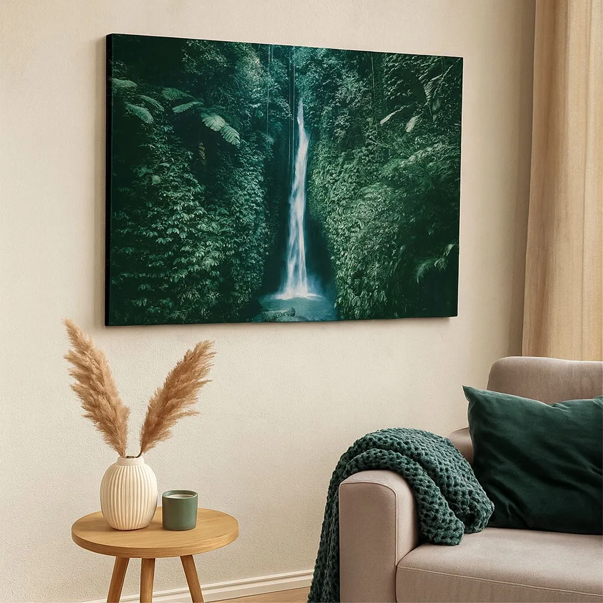 Tablou pe pânză Canvas - O cascadă înconjurată de vegetație tropicală densă - 70x50cm - Băi tropicale - Decorațiune modernă pentru perete pentru living și dormitor ARTTOR