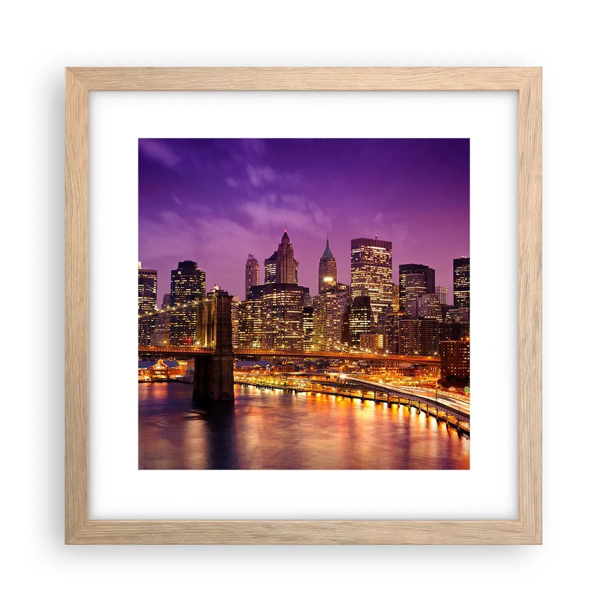 Poster în ramă de stejar deschis - Manhathannul mov-auriu - 30x30 cm