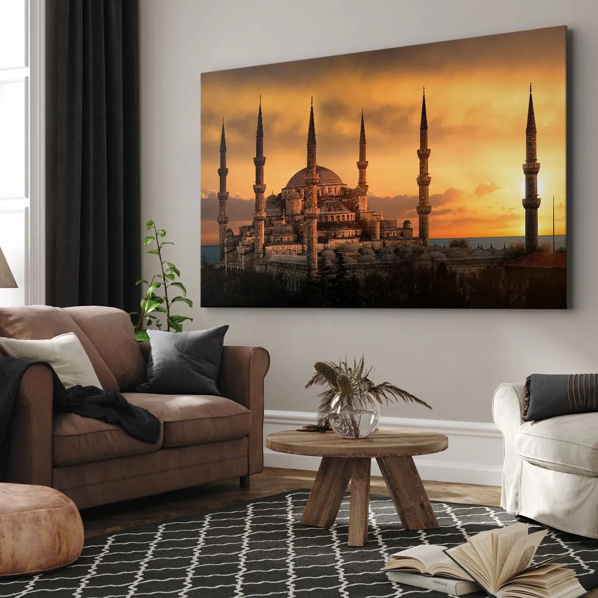 Tablou pe pânză Canvas - Moscheea la apus în culori calde - 70x50cm - Dumnezeu este mare - Decorațiune modernă pentru perete pentru living și dormitor ARTTOR