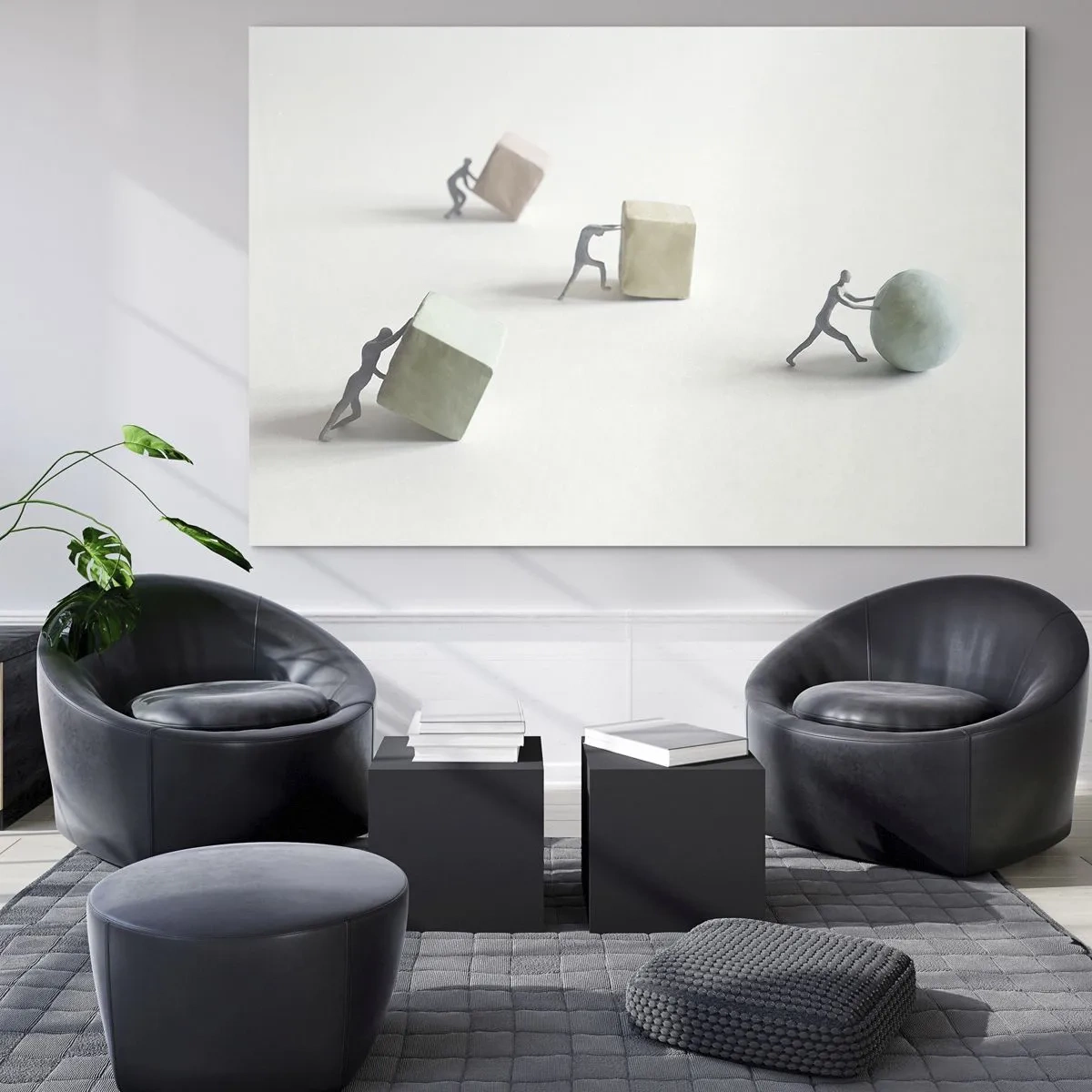 Tablou pe sticlă - Figurine miniaturale se rostogolesc și împing forme geometrice. - 70x50cm - Viața însăși - Decorațiune modernă pentru perete pentru living și dormitor ARTTOR