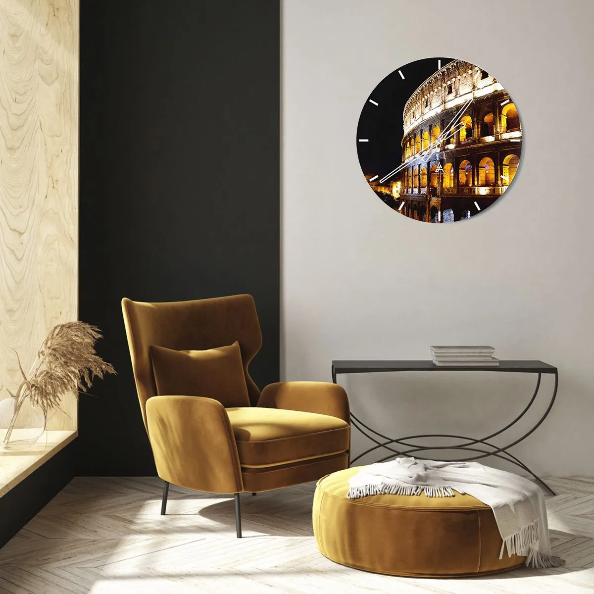 Ceas de perete - Ceas pe sticlă - Colosseumul iluminat noaptea pe un fundal negru - 30x30cm - Să înceapă jocurile - Decorațiune modernă pentru perete pentru living, bucătărie și dormitor ARTTOR