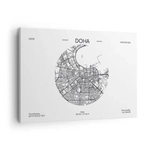 Tablou pe pânză Canvas - hartă minimalistă a orașului Doha, în alb și negru, cu detalii precise. - 70x50cm - Anatomia orașului Doha - Decorațiune modernă pentru perete pentru living și dormitor ARTTOR