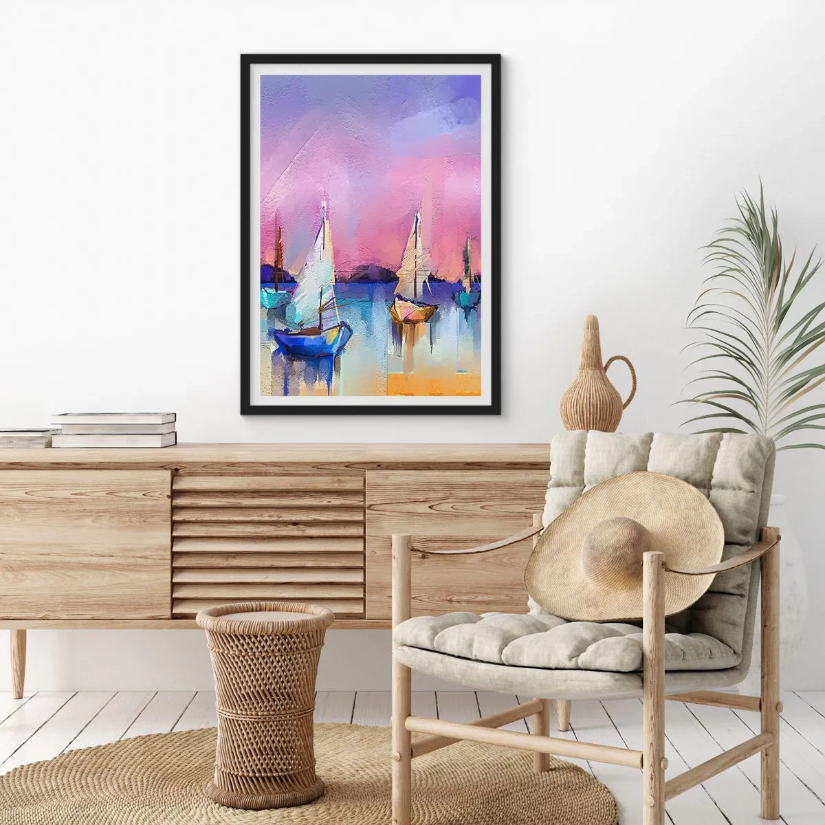 Poster în ramă neagră - Barci cu pânze abstracte pe un fundal colorat - 50x70cm - Direcția: ape largi - Decorațiune modernă pentru perete pentru living și dormitor ARTTOR