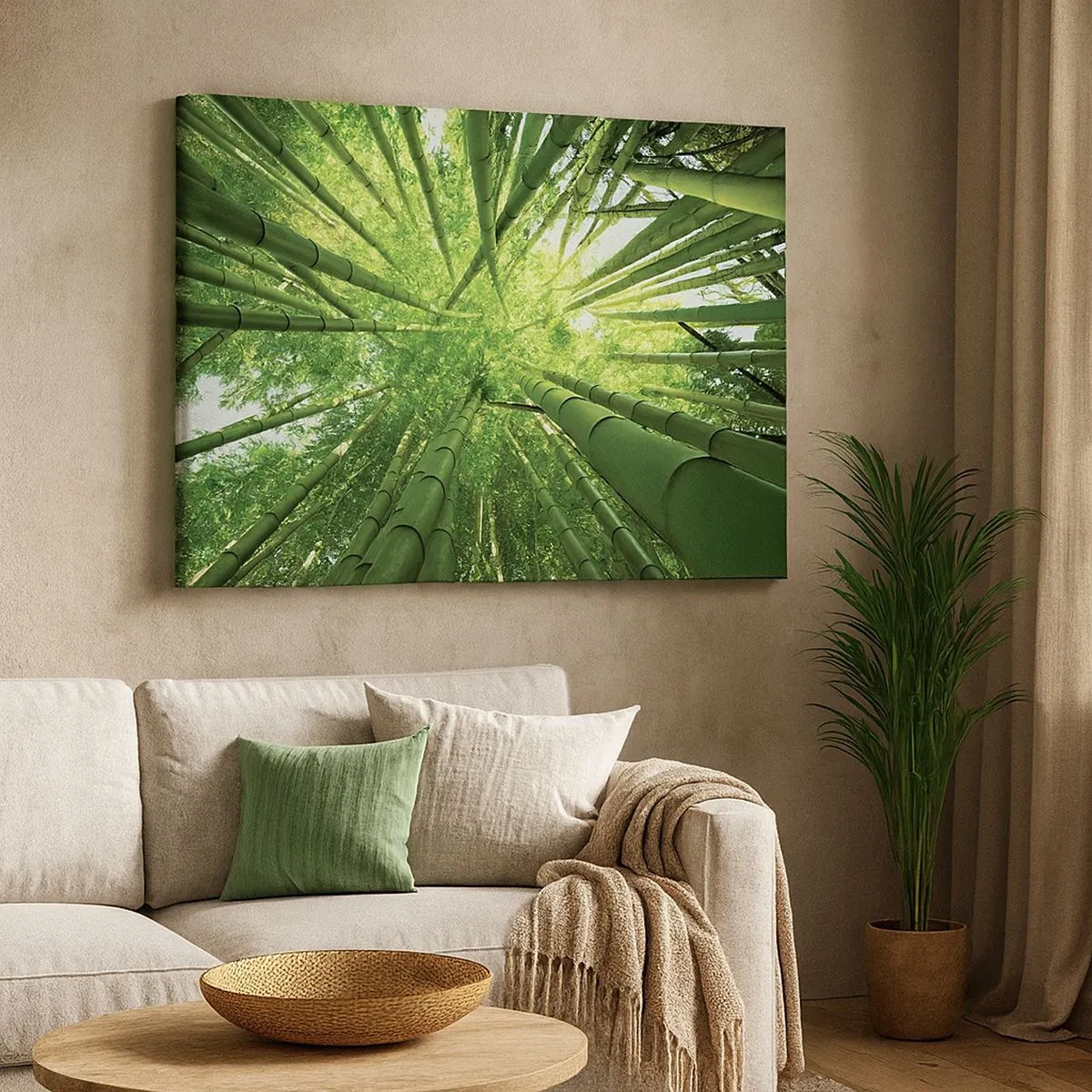Tablou pe pânză Canvas - Vedere în sus printr-o dumbravă verde de bambus - 70x50cm - Într-o pădure de bambus - Decorațiune modernă pentru perete pentru living și dormitor ARTTOR