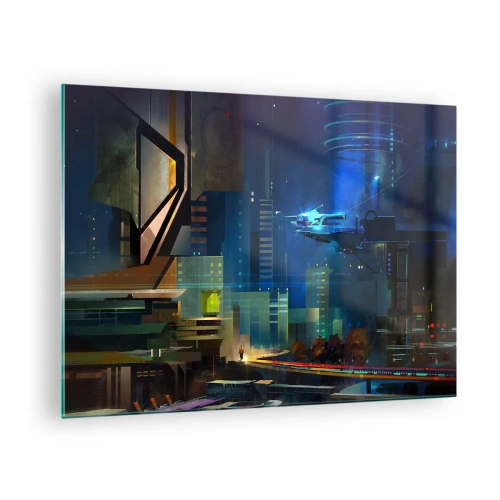 Tablou pe sticlă - Oraș futurist noaptea cu lumini de neon și un vehicul zburător - 70x50cm - În viitorul apropiat - Decorațiune modernă pentru perete pentru living și dormitor ARTTOR