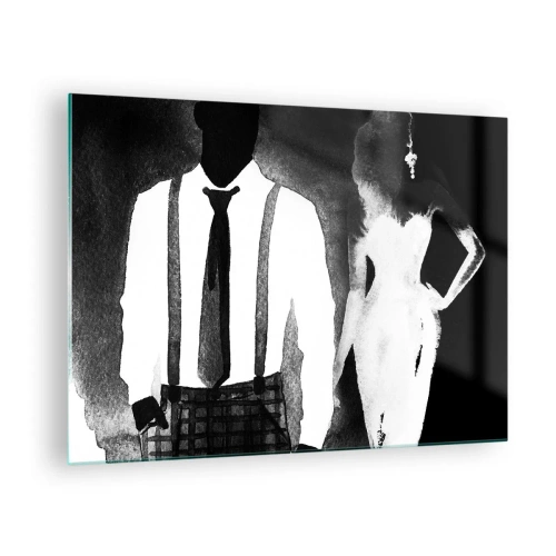 Tablou pe sticlă - Siluetă alb-negru a unui cuplu elegant noir - 70x50cm - Într-o atmosferă noir - Decorațiune modernă pentru perete pentru living și dormitor ARTTOR