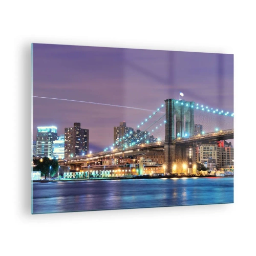 Tablou pe sticlă - Podul Brooklyn noaptea cu turnurile și orașul iluminate - 70x50cm - De mulți ani, Podul Brooklyn - Decorațiune modernă pentru perete pentru living și dormitor ARTTOR
