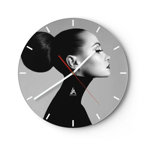 Ceas de perete - Ceas pe sticlă - Profilul unei femei într-un stil artistic pe un fundal gri - 30x30cm - Nefertiti contemporană - Decorațiune modernă pentru perete pentru living, bucătărie și dormitor ARTTOR