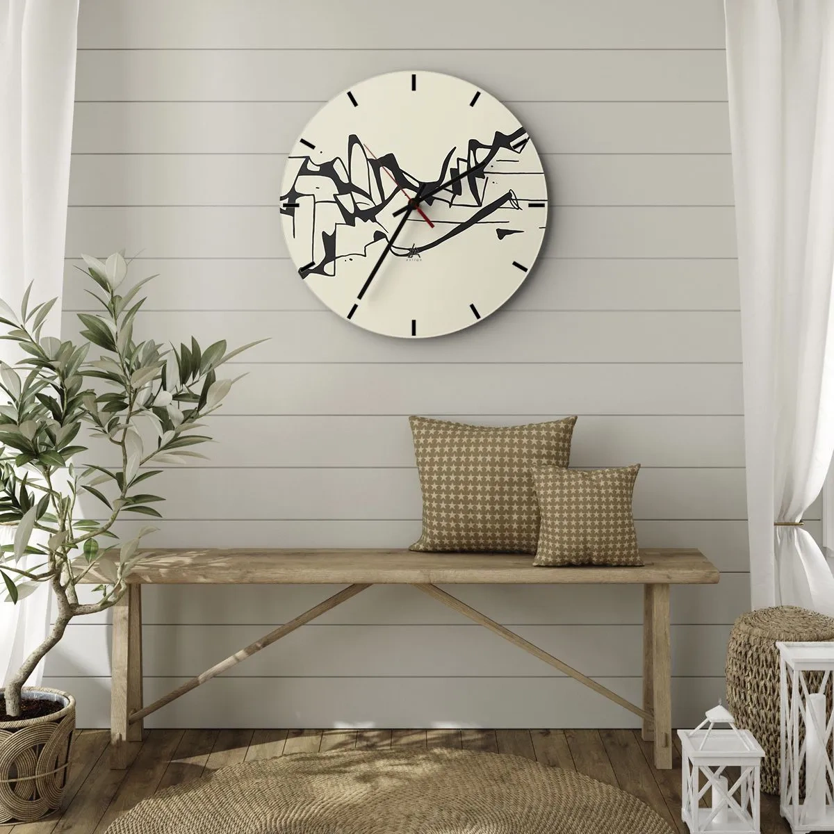 Ceas de perete - Ceas pe sticlă - Linii negre abstracte pe un fundal crem care seamănă cu un peisaj. - 30x30cm - Poate că peisajul - Decorațiune modernă pentru perete pentru living, bucătărie și dormitor ARTTOR