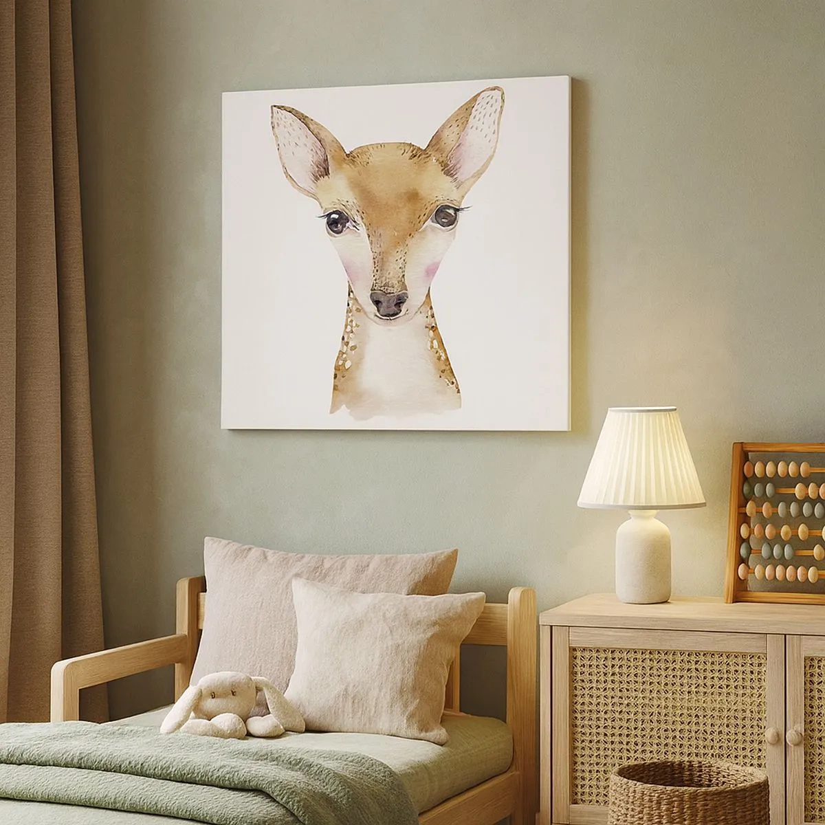 Tablou pe pânză Canvas - Portret în acuarelă al unui cerb tânăr pe fundal alb - 70x50cm - Natura inocenței - Decorațiune modernă pentru perete pentru living și dormitor ARTTOR