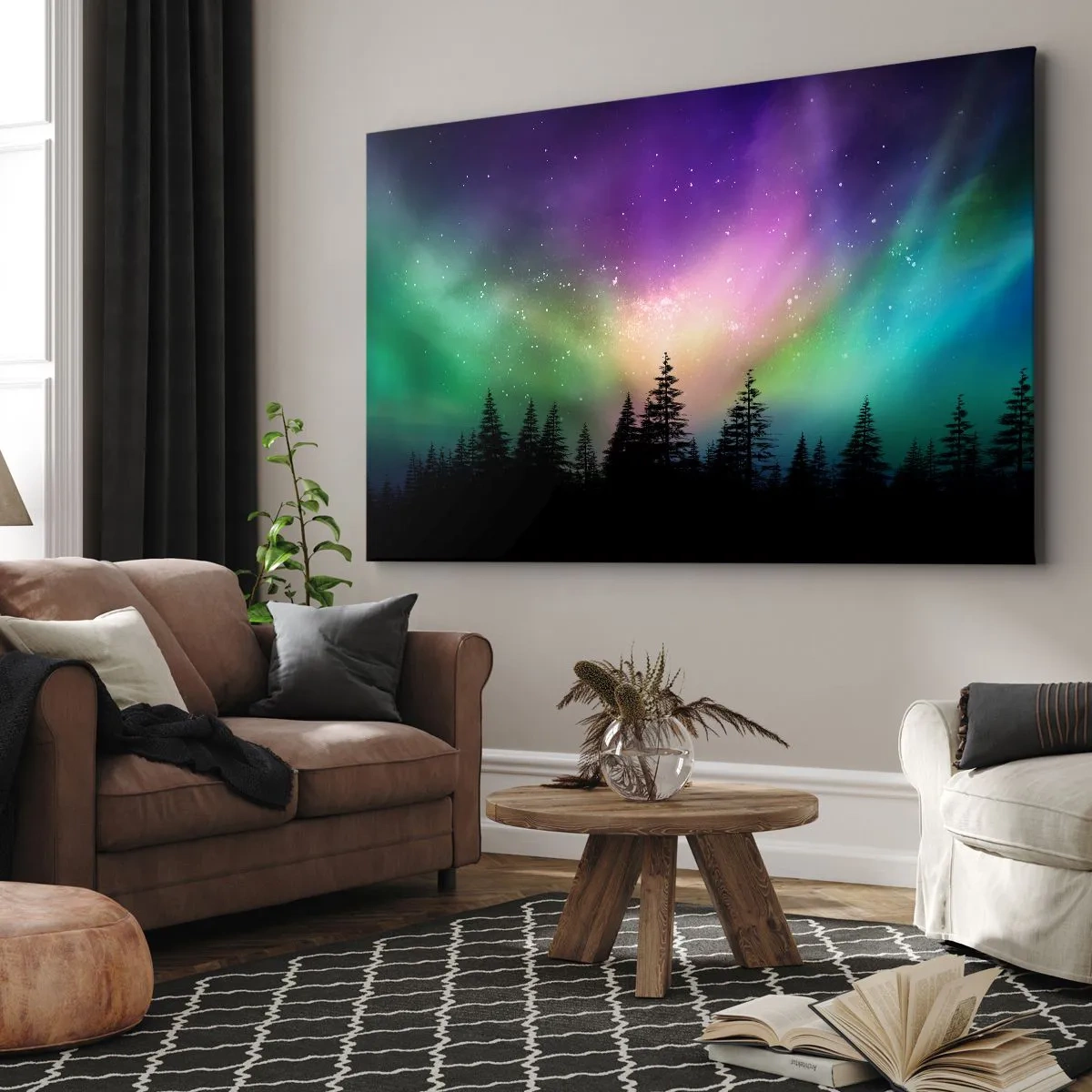 Tablou pe pânză Canvas - Aurora boreală deasupra unei păduri cu cer înstelat - 70x50cm - Magie albă - Decorațiune modernă pentru perete pentru living și dormitor ARTTOR