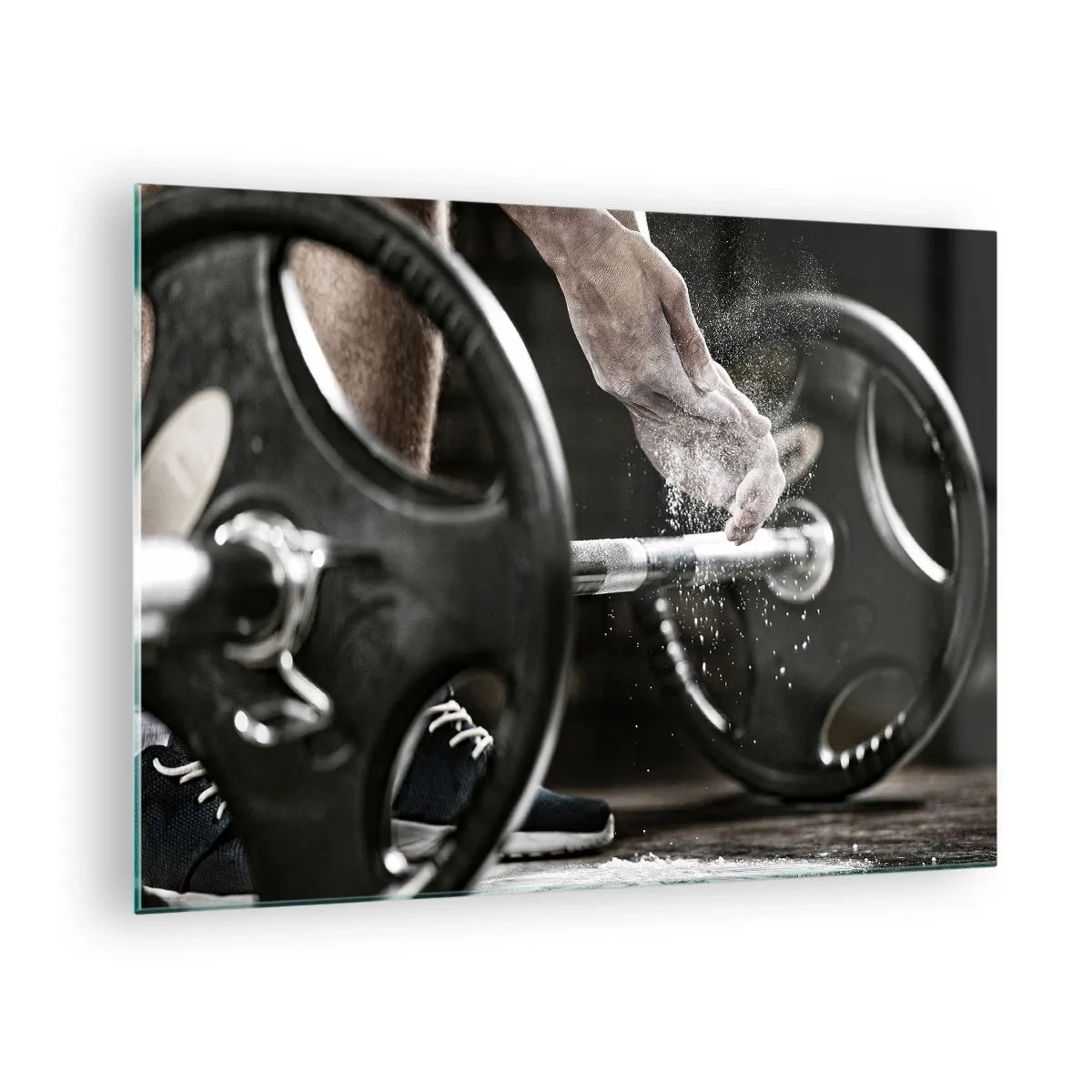Tablou pe sticlă - Ridicare de greutăți cu cretă pe mâini și o halteră - 70x50cm - Provocare acceptată! - Decorațiune modernă pentru perete pentru living și dormitor ARTTOR