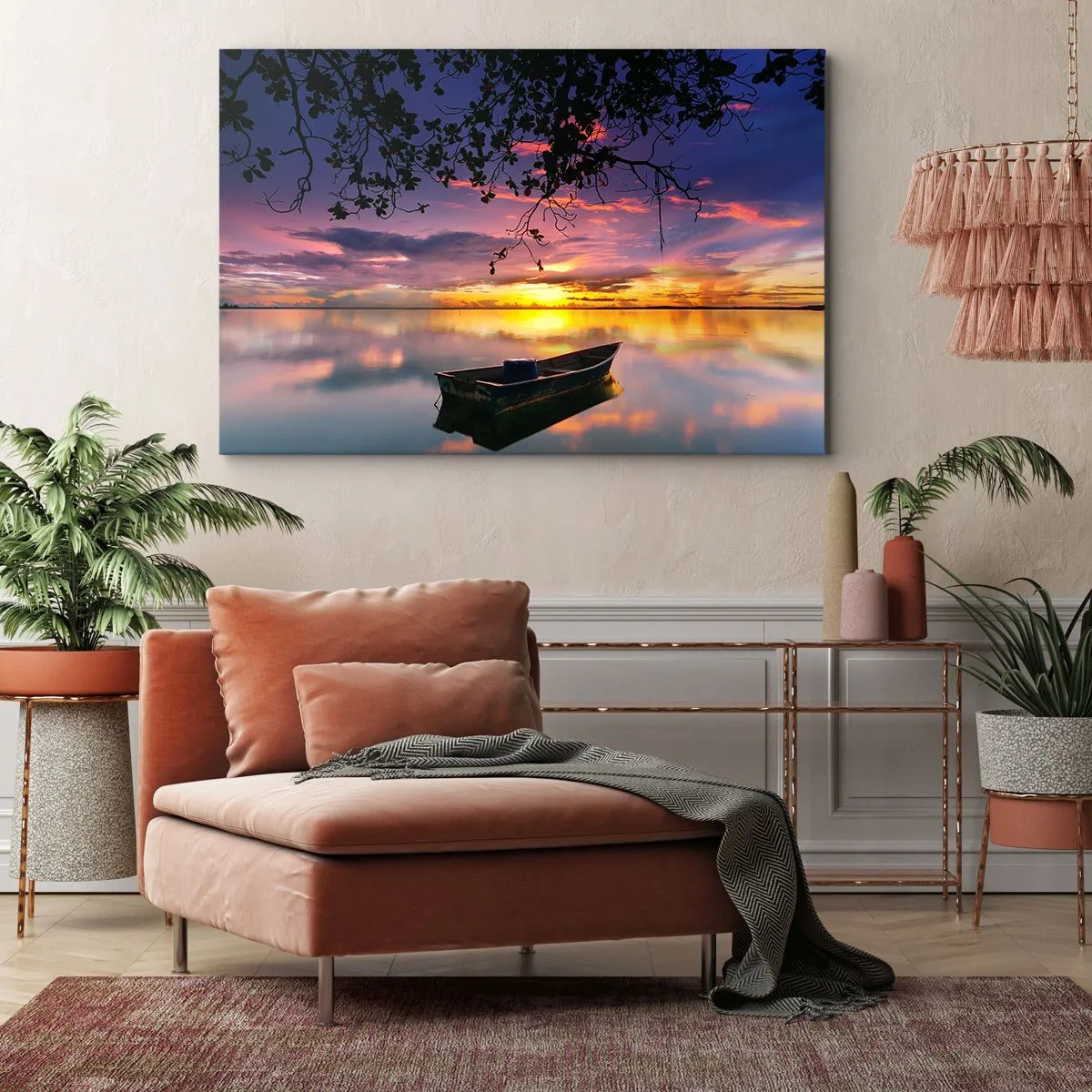 Tablou pe pânză Canvas - O barcă pe ape calme la apus - 70x50cm - "Pari să plutești în mijlocul cerului...” - Decorațiune modernă pentru perete pentru living și dormitor ARTTOR