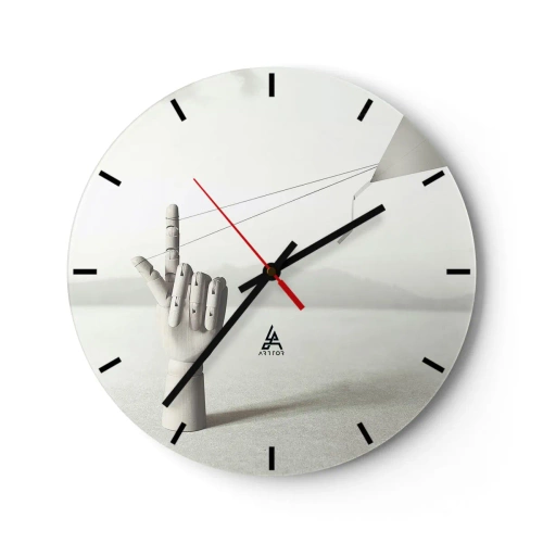 Ceas de perete - Ceas pe sticlă - O mână de lemn întinde frânghii într-un peisaj suprarealist. - 30x30cm - Încercare de forță - Decorațiune modernă pentru perete pentru living, bucătărie și dormitor ARTTOR