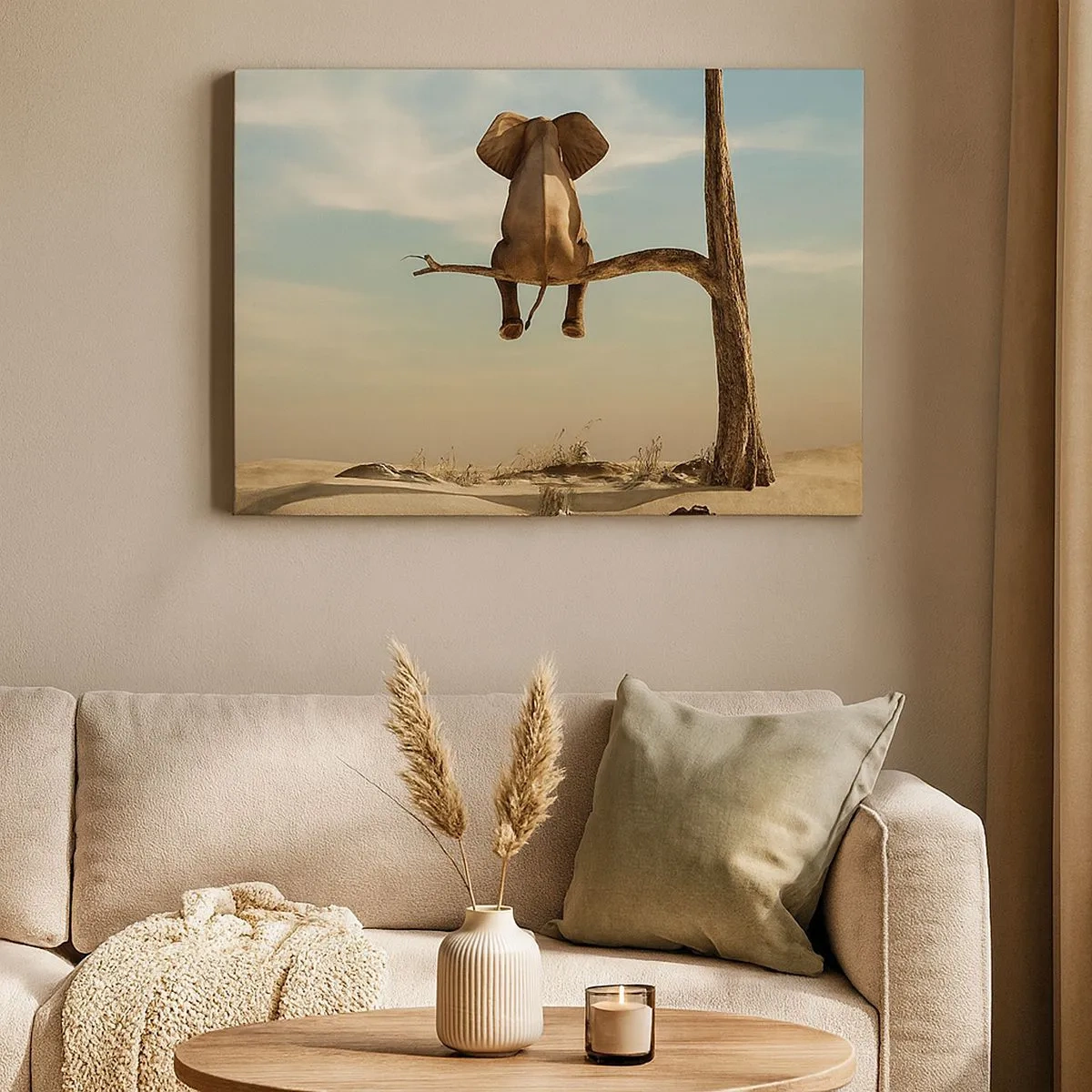 Tablou pe pânză Canvas - Un elefant așezat pe o creangă, cu vedere la un peisaj deșertic - 70x50cm - Un nou punct de vedere - Decorațiune modernă pentru perete pentru living și dormitor ARTTOR