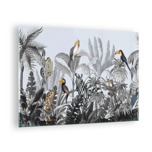 Tablou pe sticlă - Animale exotice într-o junglă alb-negru pe un fundal deschis - 70x50cm - O fabulă africană - Decorațiune modernă pentru perete pentru living și dormitor ARTTOR