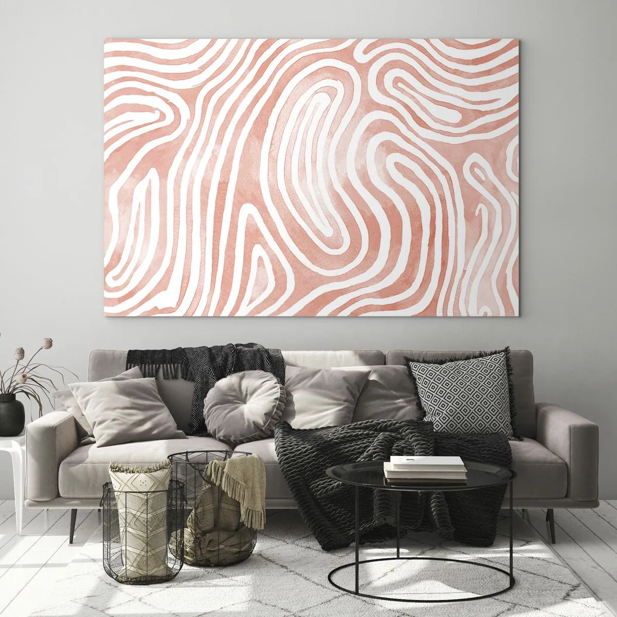 Tablou pe sticlă - Model abstract în nuanțe de alb și coral - 70x50cm - Într-un labirint de coral - Decorațiune modernă pentru perete pentru living și dormitor ARTTOR