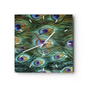Ceas de perete - Ceas pe sticlă - O privire cu ochi de păun - 40x40 cm