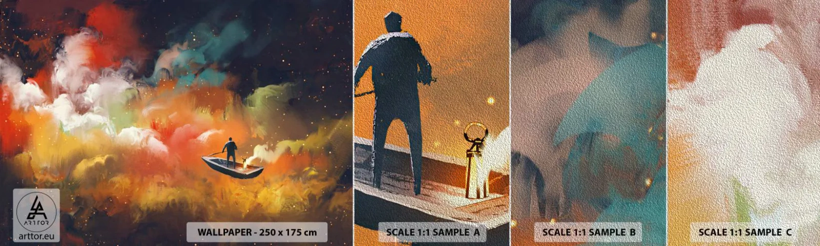 Mostră tapet Premium Sand - Cu barca prin galaxie - Abstracția, Fantezie, excursie - 100x30 cm