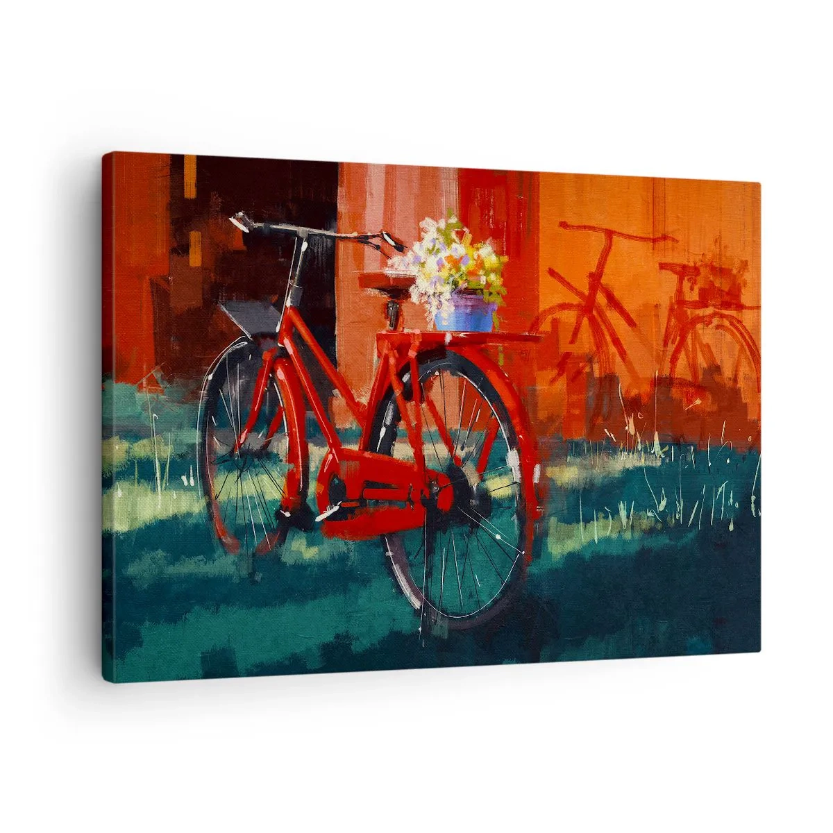 Tablou pe pânză Canvas - O bicicletă roșie cu flori pe un perete portocaliu - 70x50cm - I want to ride my bicycle - Decorațiune modernă pentru perete pentru living și dormitor ARTTOR