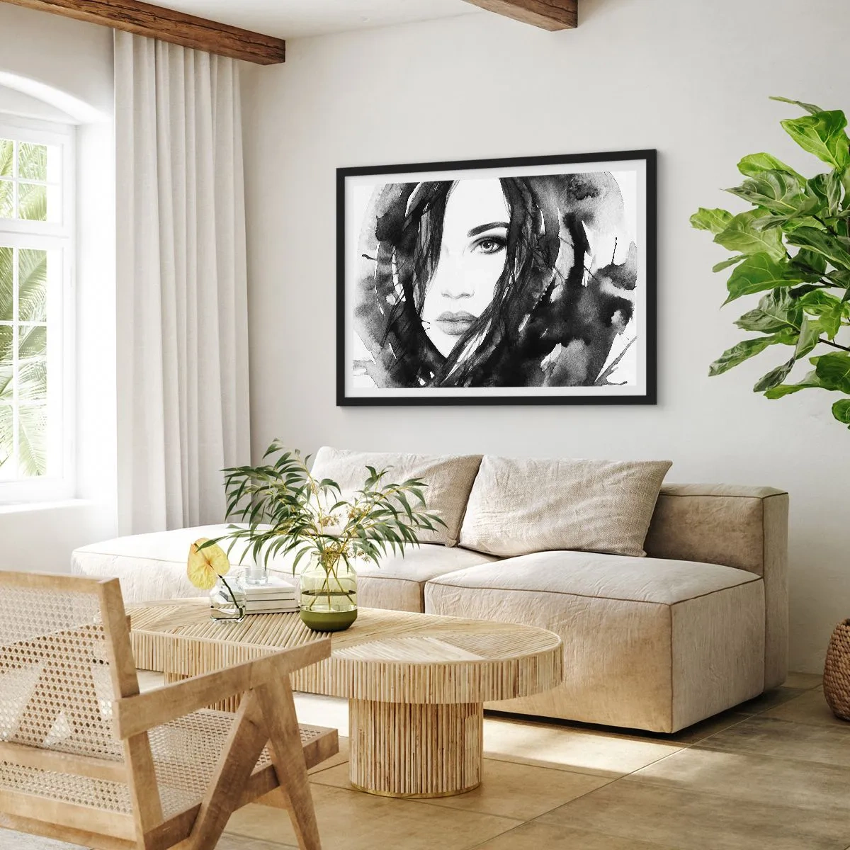 Poster în ramă neagră - Studiu unei dame în alb și negru - 100x70 cm