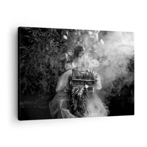Tablou pe pânză Canvas - O compoziție alb-negru cu o figură în rochie și o cușcă în ceață. - 70x50cm - Mama însăși - Natura - Decorațiune modernă pentru perete pentru living și dormitor ARTTOR