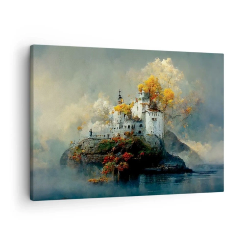 Tablou pe pânză Canvas - Un castel pe un deal înconjurat de copaci de toamnă - 70x50cm - Începutul unei povești romantice - Decorațiune modernă pentru perete pentru living și dormitor ARTTOR