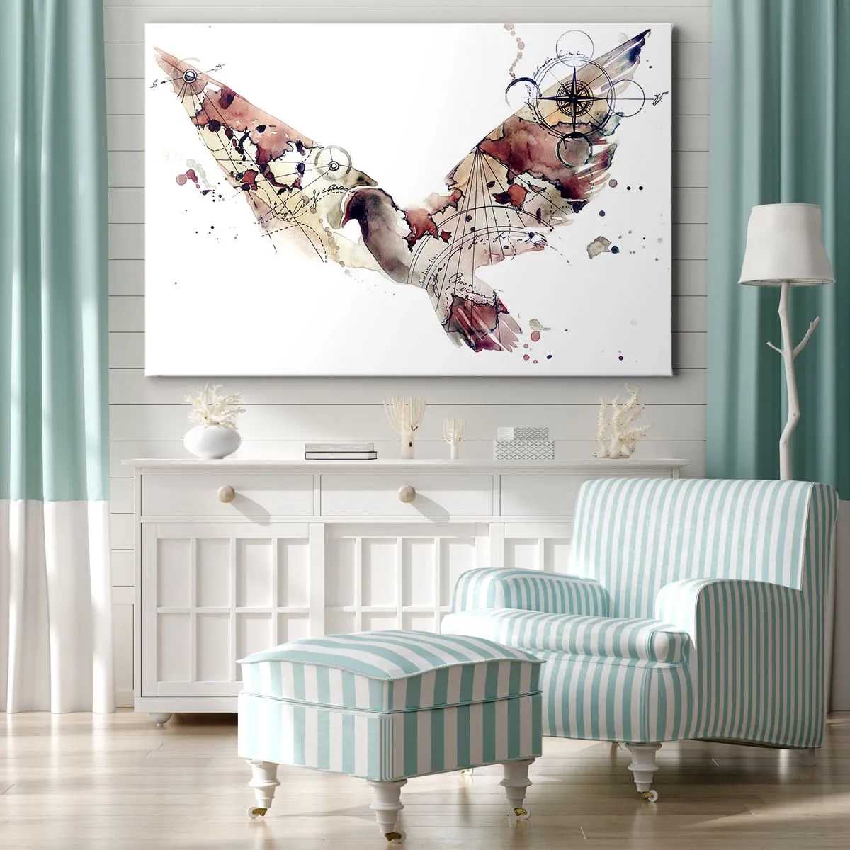 Tablou pe pânză Canvas - Siluetă artistică de pasăre cu modele geometrice - 70x50cm - Vagabondul cu capul în nori - Decorațiune modernă pentru perete pentru living și dormitor ARTTOR