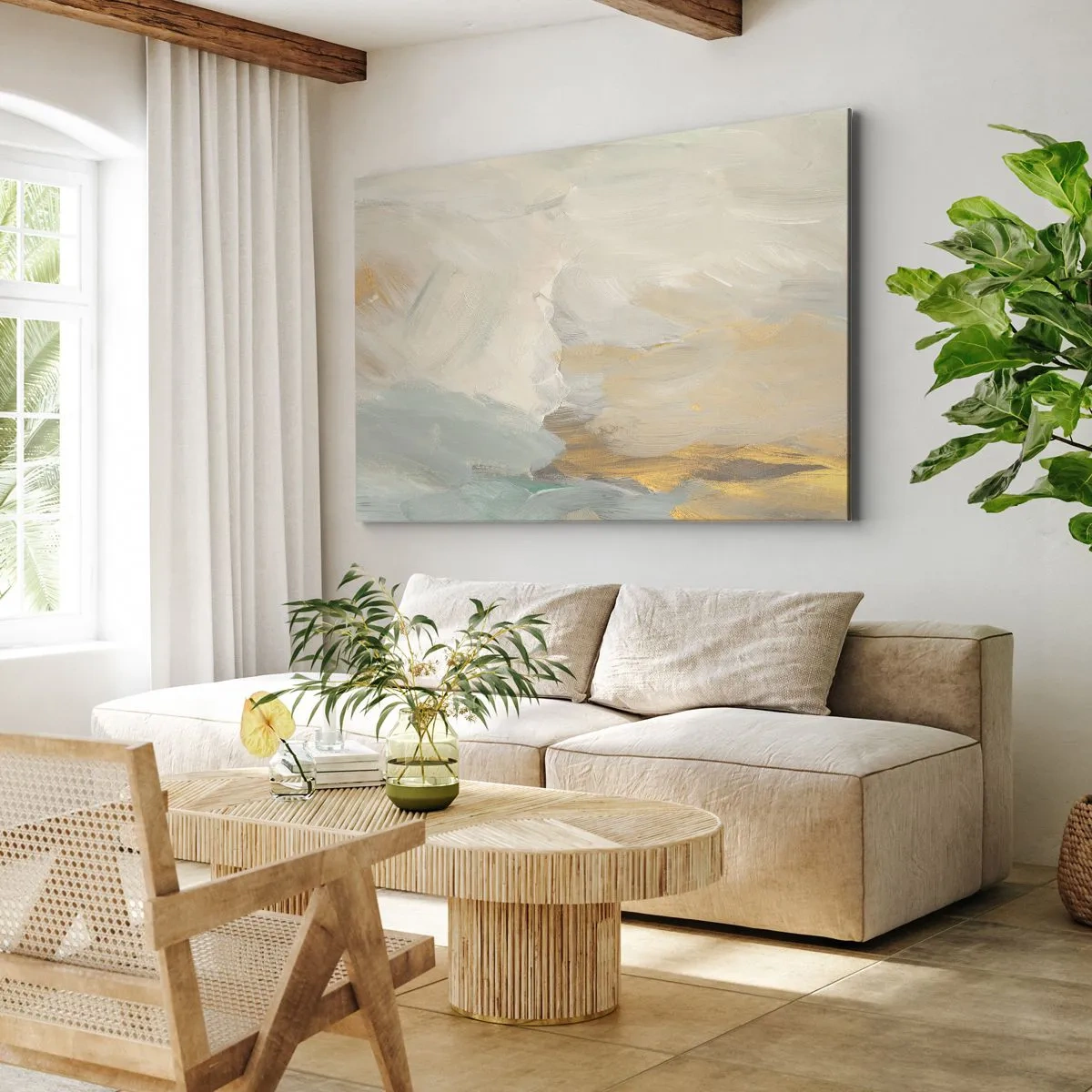 Tablou pe pânză Canvas - Linii abstracte delicate în nuanțe de alb și auriu - 70x50cm - Abstracție - lumea blândeții - Decorațiune modernă pentru perete pentru living și dormitor ARTTOR
