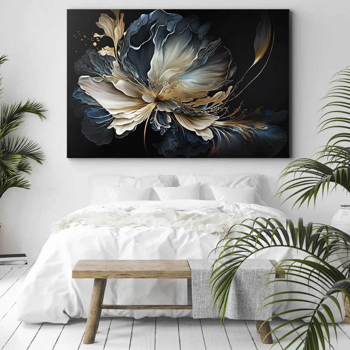 Tablou pe pânză Canvas - O floare în nuanțe de auriu și albastru marin pe fundal negru - 70x50cm - Povestea unei flori de iubire - Decorațiune modernă pentru perete pentru living și dormitor ARTTOR
