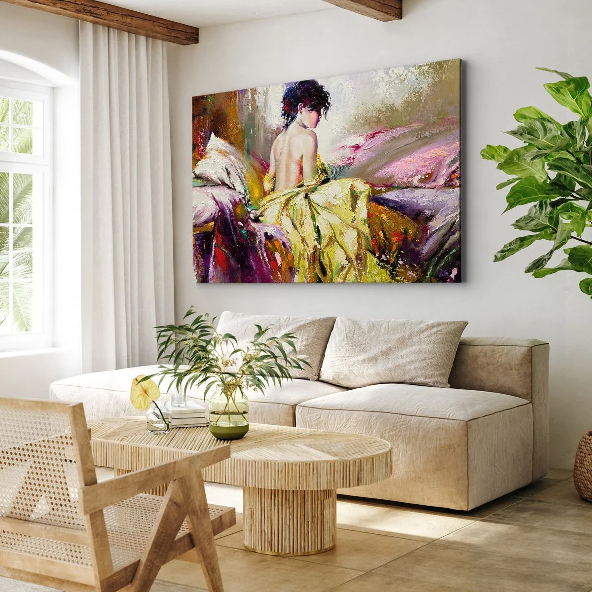 Tablou pe pânză Canvas - O scenă picturală a unei femei într-un pat într-o atmosferă romantică - 70x50cm - Mi
