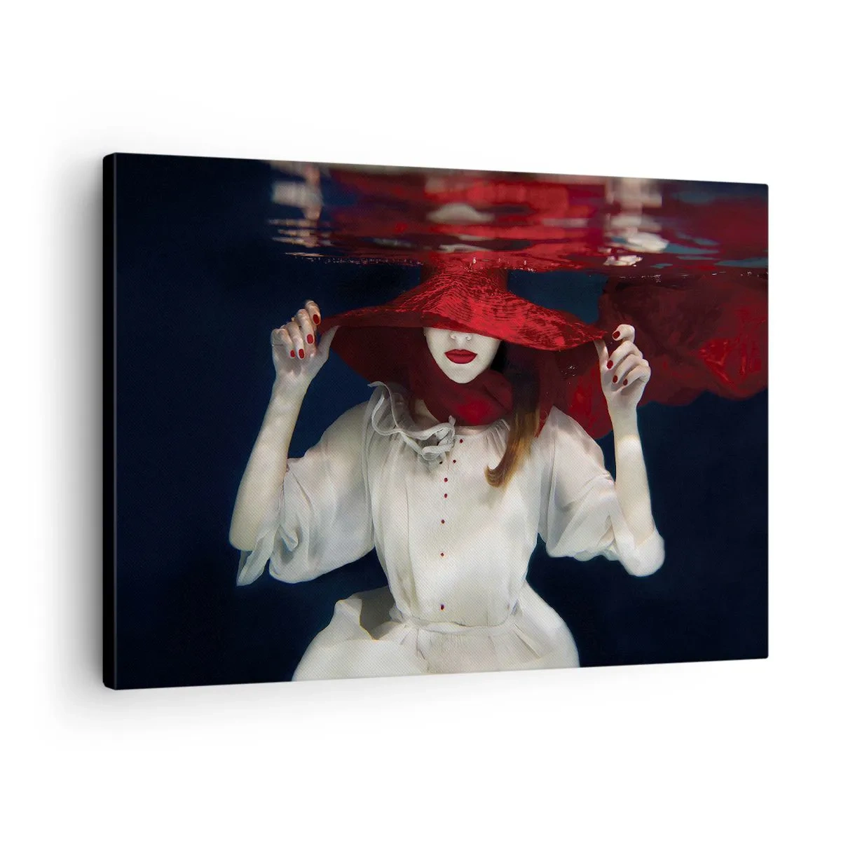 Tablou pe pânză Canvas - O femeie cu o pălărie roșie cufundată în apă - 70x50cm - Frumoasa fantomă - Decorațiune modernă pentru perete pentru living și dormitor ARTTOR