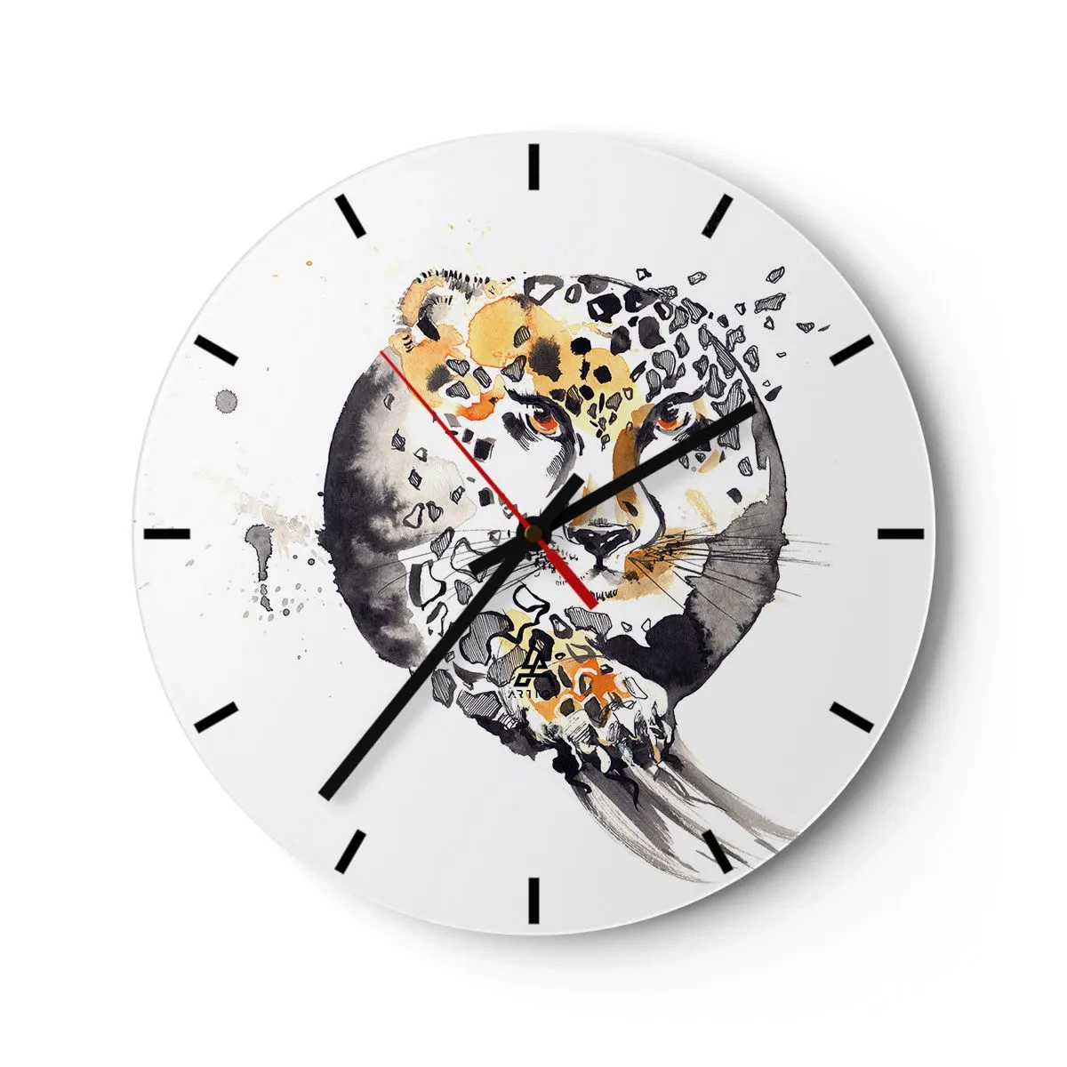 Ceas de perete - Ceas pe sticlă - Leopard într-o formă artistică cu particule dinamice în jurul siluetei - 30x30cm - Frumusețe prădătoare - Decorațiune modernă pentru perete pentru living, bucătărie și dormitor ARTTOR