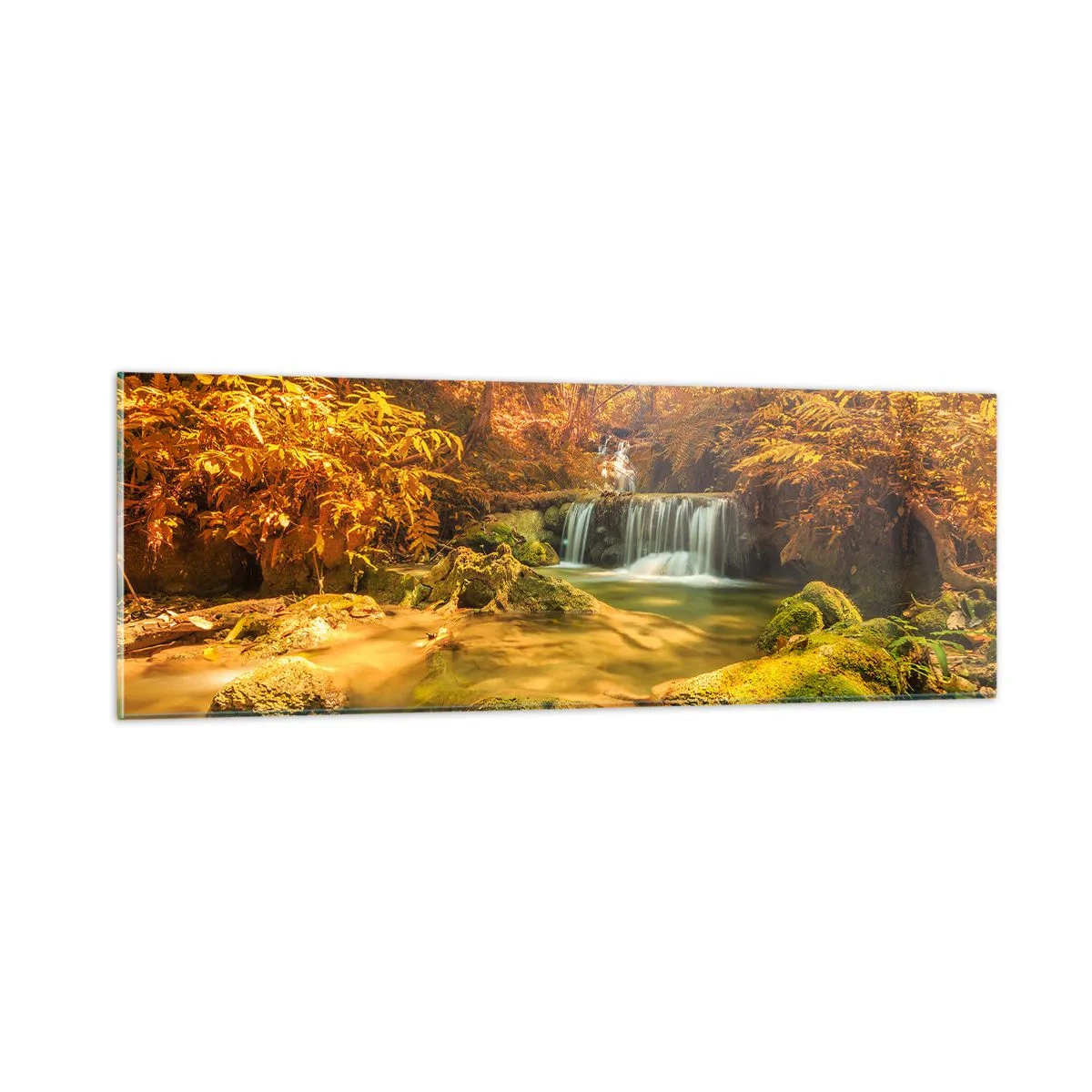 Tablou pe sticlă - Cascadă de pădure în aur - 90x30 cm